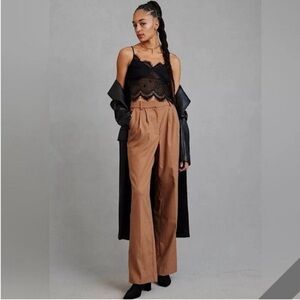Favorite Daughter High-Rise Wide-Leg Trousers in Camel Pinstripe